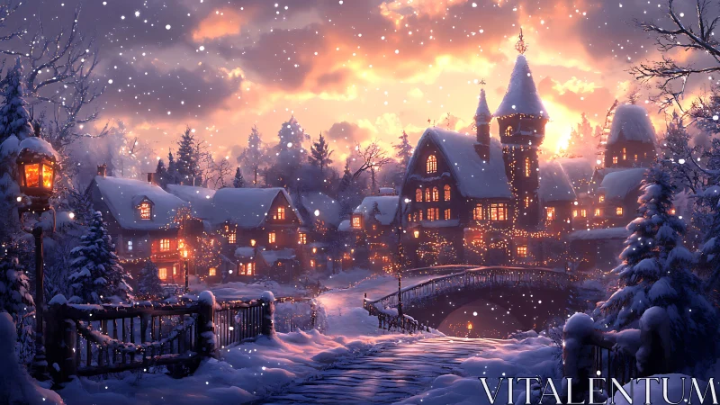 Snowdusted bridge into lantern-lit winter village hush.