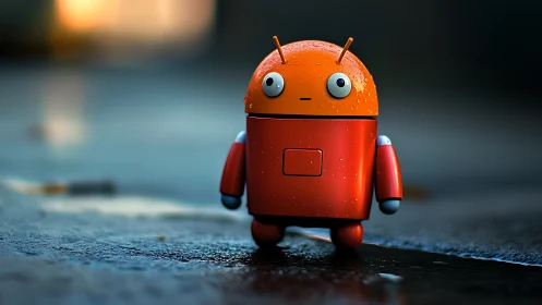 Red cylindrical robot figure on wet reflective pavement.