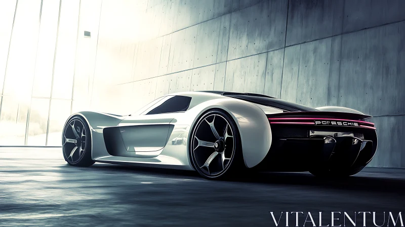 Futurist white supercar waits like a coiled lightning bolt.