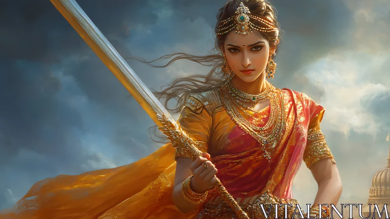 Warrior woman in ornate sari holding sword before cloudy sky.