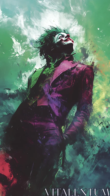 Expressionist clown figure dissolves into turbulent chromatic smoke