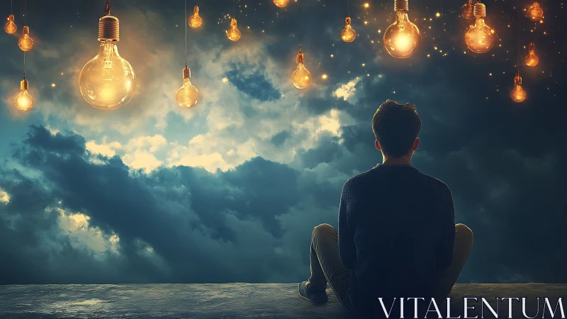 Man sits facing glowing hanging bulbs against cloudy sky