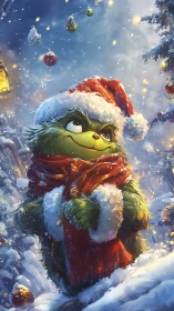 Green furry creature in Santa outfit stands in snowy forest