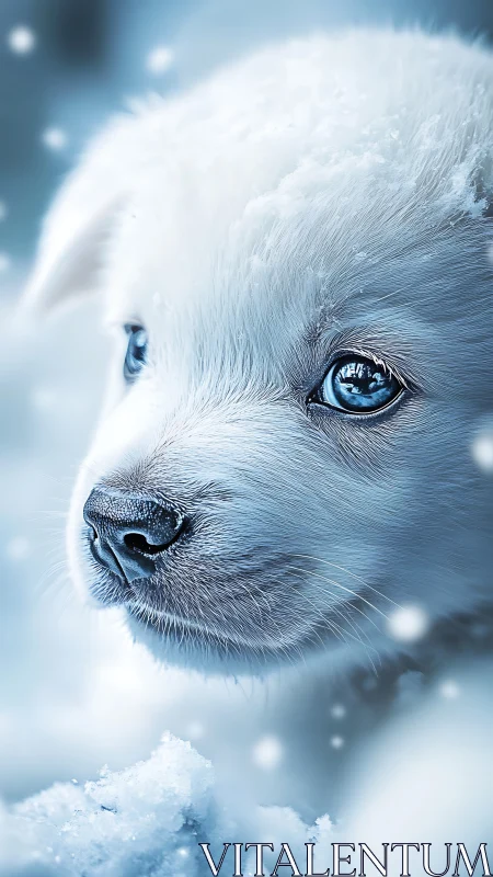 White puppy closeup in snow with bright icy blue eyes.