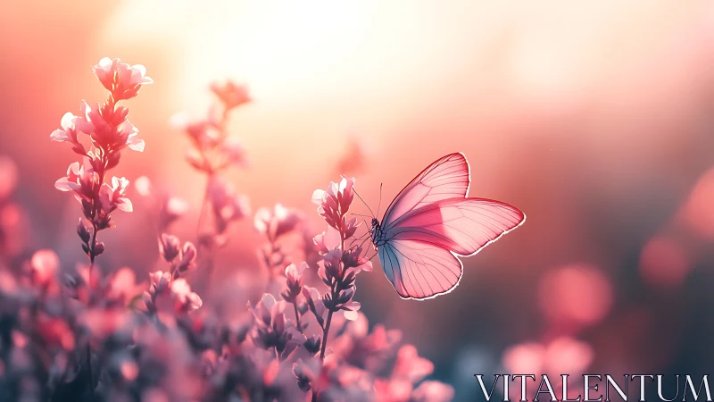 Butterfly on flowering stems in soft pink backlit landscape.