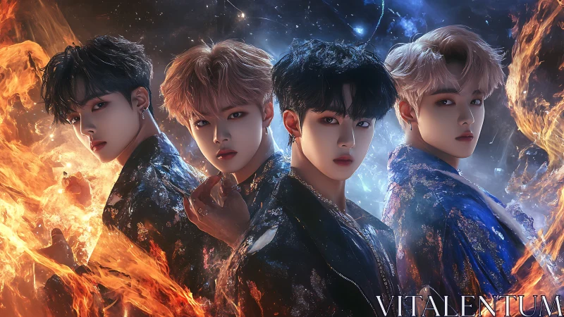Four Figures in Celestial Fire: Digital Fantasy Portrait Composition.