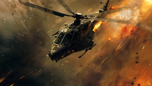 Blazing combat helicopter knifes through a storm of molten sky