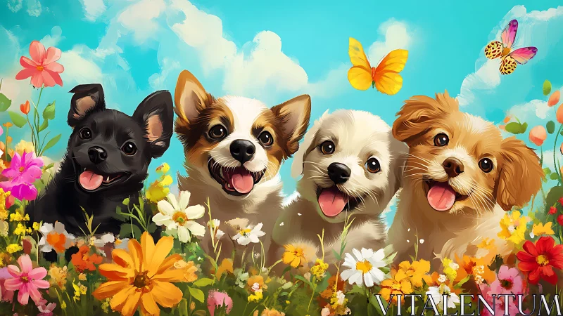 Sunny meadow puppy chorus beaming beneath fluttering wings.