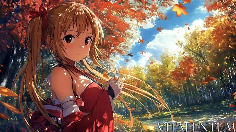 Autumn daydream with a quiet anime girl beneath gold leaves.