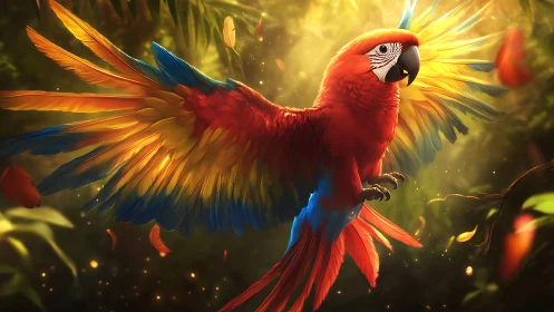 Vibrant Scarlet Macaw in Flight, Digital Art with Lush Jungle Glow.