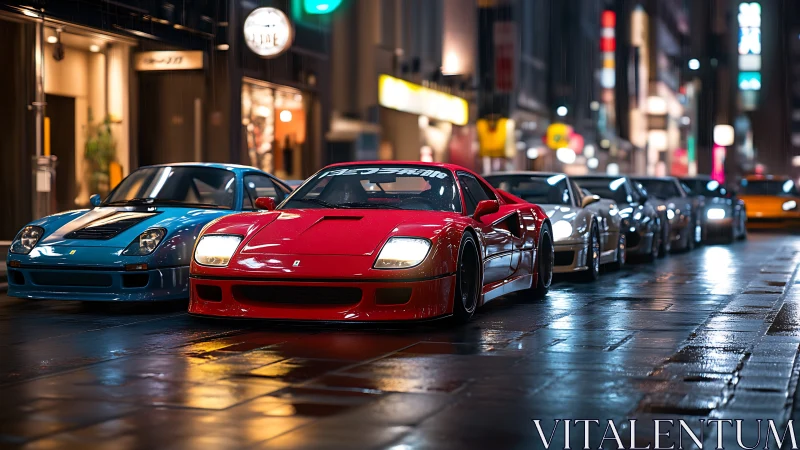 Row of modified sports cars on wet neon city street.