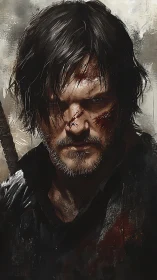 Weathered survivor portrait with textured digital grit rendering.