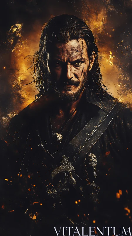 Battle-scarred warlord rising from molten shadowfire storm.