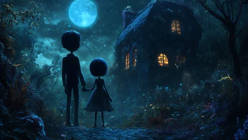 Moonlit friends pause by a glowing forest cottage at night