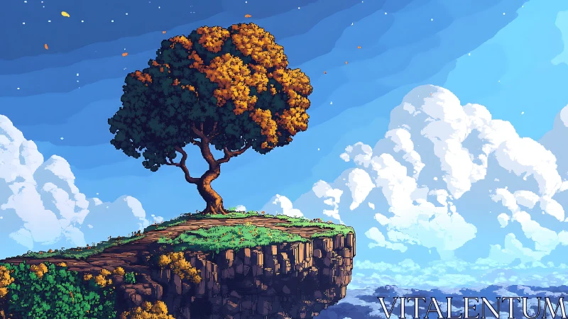 Solitary golden tree stands on floating rocky plateau beneath blue sky