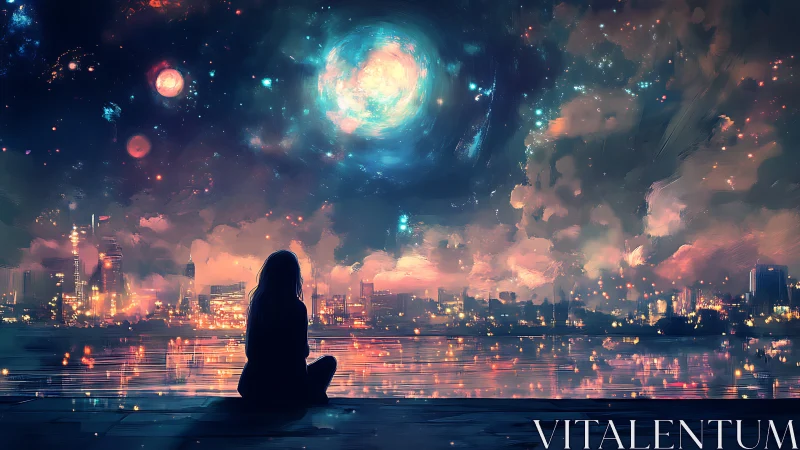 Silhouette watches cosmic sky above neon-lit waterfront city