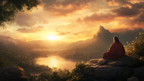 Solitary robed figure surveying sunlit alpine valley at dawn