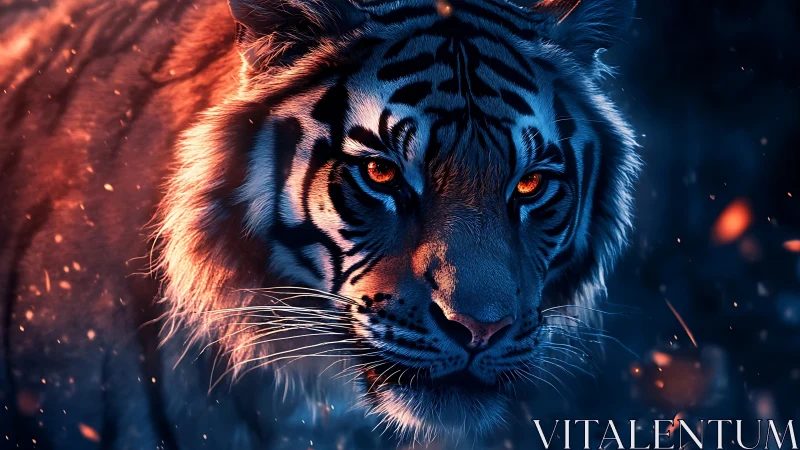 Digital tiger portrait under blue shadows and ember light.