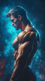 Muscular male profile against glowing blue cosmic haze.