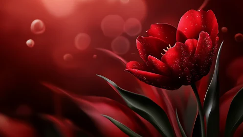 Crimson Tulips with Dewdrops: Luminous Close-Up Against Red Gradient