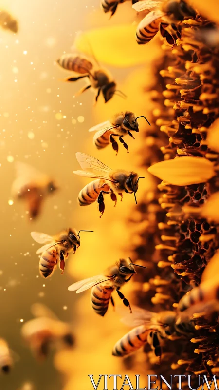 Honeybees in luminous macro flight around sunflower core.