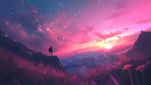 Solitary figure observes a saturated pink and blue sunset sky