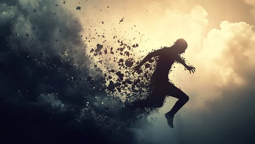 Kinetic silhouette disintegrating through turbulent cloud strata.