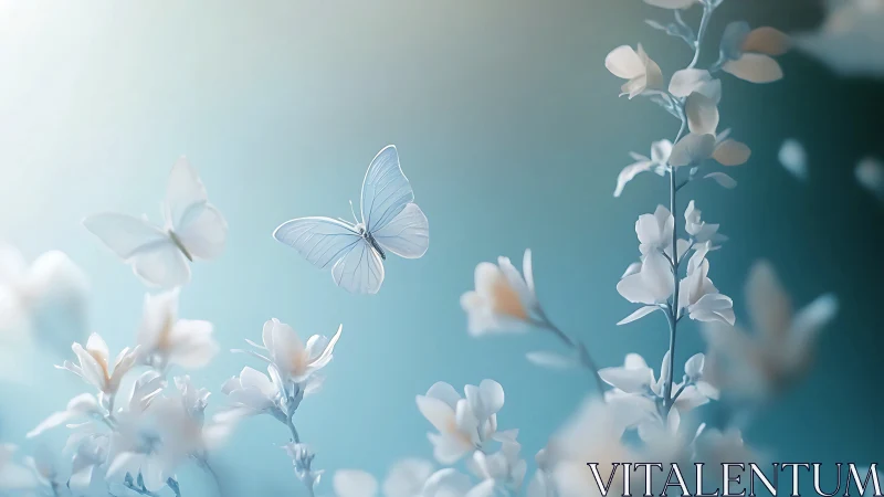 Delicate white butterflies drift above soft pastel blossoms
