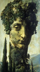 Colossal stone visage fused with towering cypress trees.