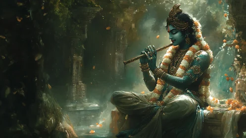 Krishna plays flute in mystical forest temple light.