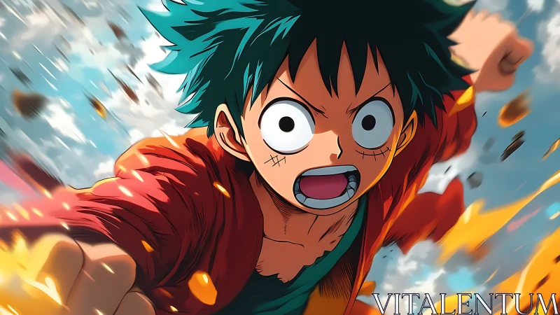 Dynamic anime hero in midair charge with fiery motion trails