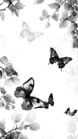 Monochrome butterflies drifting through whispered ink leaves.