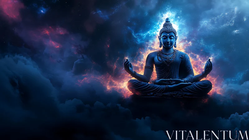 Seated Buddha statue in cosmic cloudscape with blue light.