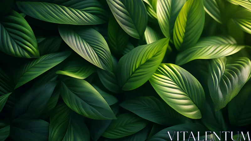 Layered tropical leaves with soft directional lighting.