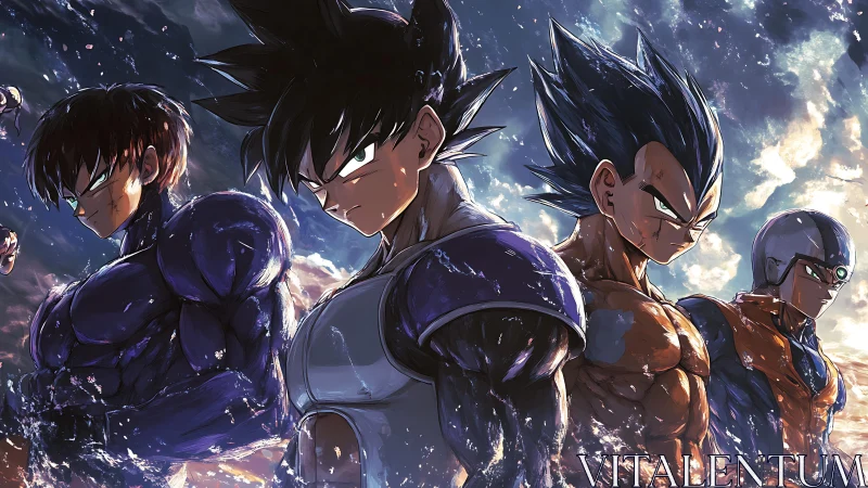 Fierce anime heroes stand united beneath a stormy sky.