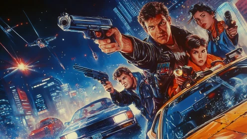 Retro cyberpunk action scene shows armed figures in pursuit