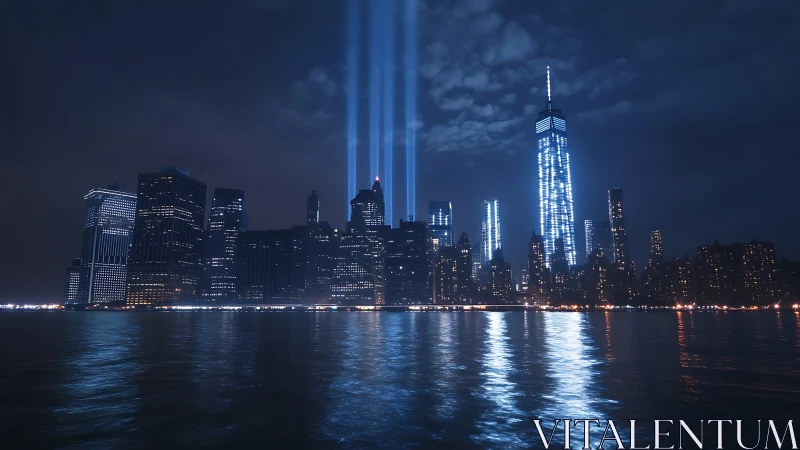 Twin tribute light beams rise above illuminated night skyline