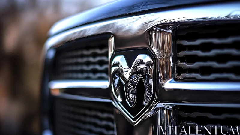 Bold chrome truck emblem catching light with rugged pride.