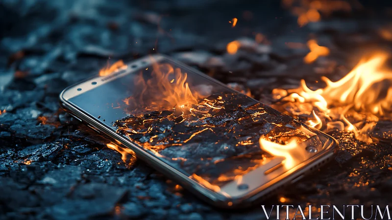 Smartphone Engulfed in Flames Against Dark Textured Ground