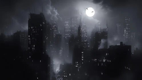 Noir metropolis skyline under stark moonlit haze at night.