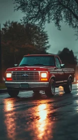 Vintage red Ford pickup drives down wet city street at dusk