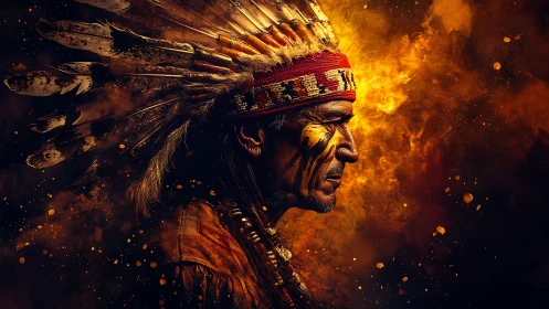 Profile portrait of tribal elder in feathered headdress amid embers