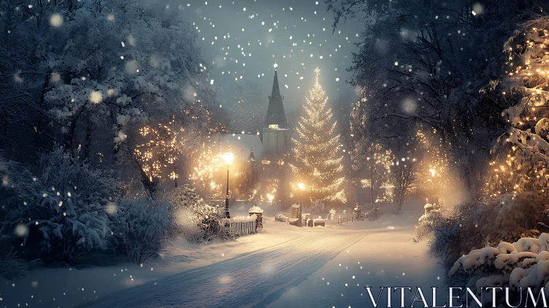 Nocturnal winter avenue with luminous festive tree centerpiece.