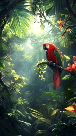 Scarlet jungle parrot resting in sunlit emerald canopy.