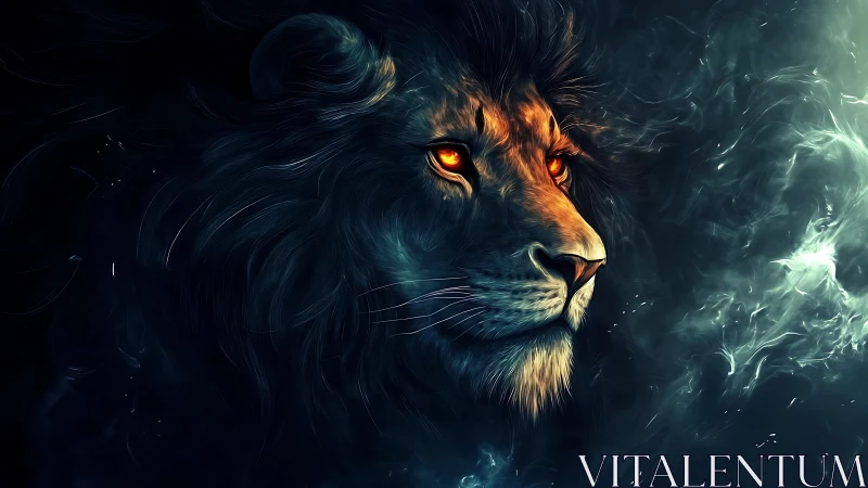 Fiery-eyed lion portrait rendered in high-contrast digital light
