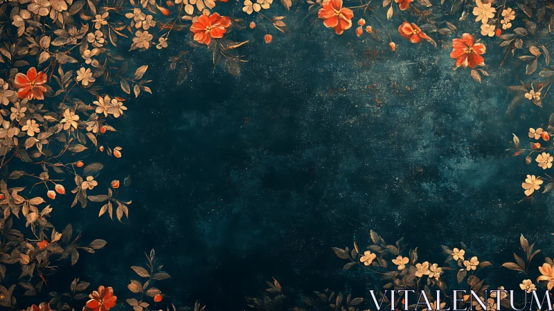 Vintage floral border on deep teal textured background.