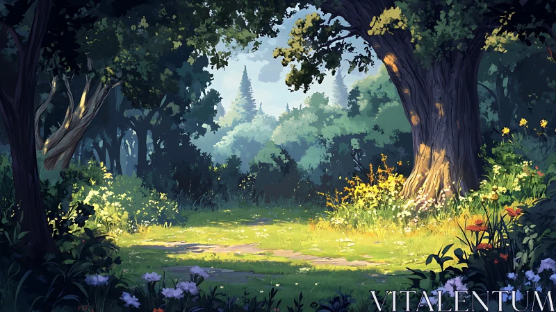 Forest Glade Illuminated by Golden Sunlight Through Ancient Trees.