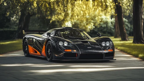 Low-angle view shows black sports car on tree-lined road