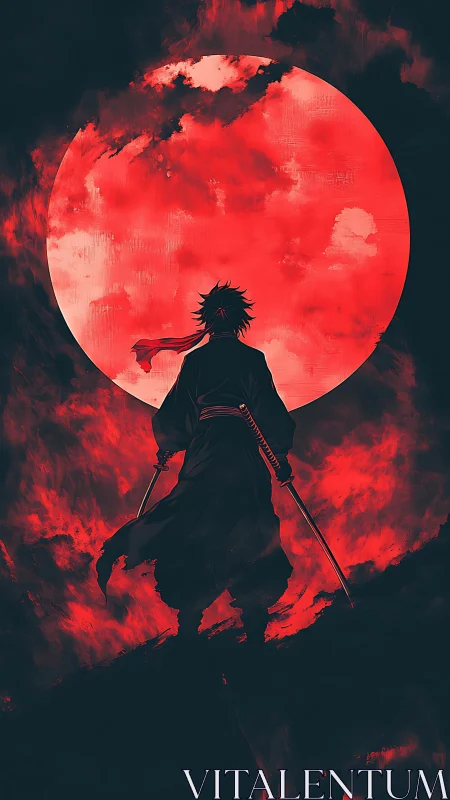 Lone swordsman confronts colossal red moon in fiery sky.