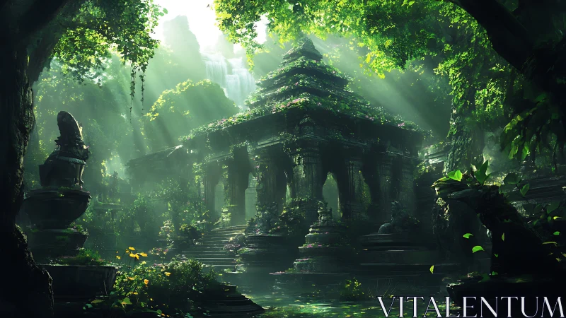 Sunlit jungle temple wrapped in mossy, mystical calm.